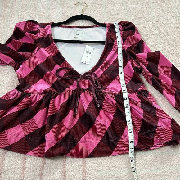 NWT Maeve Velvet Pink Maroon Plaid Puff Sleeve Top Low Cut Size Medium - Picture 12 of 12